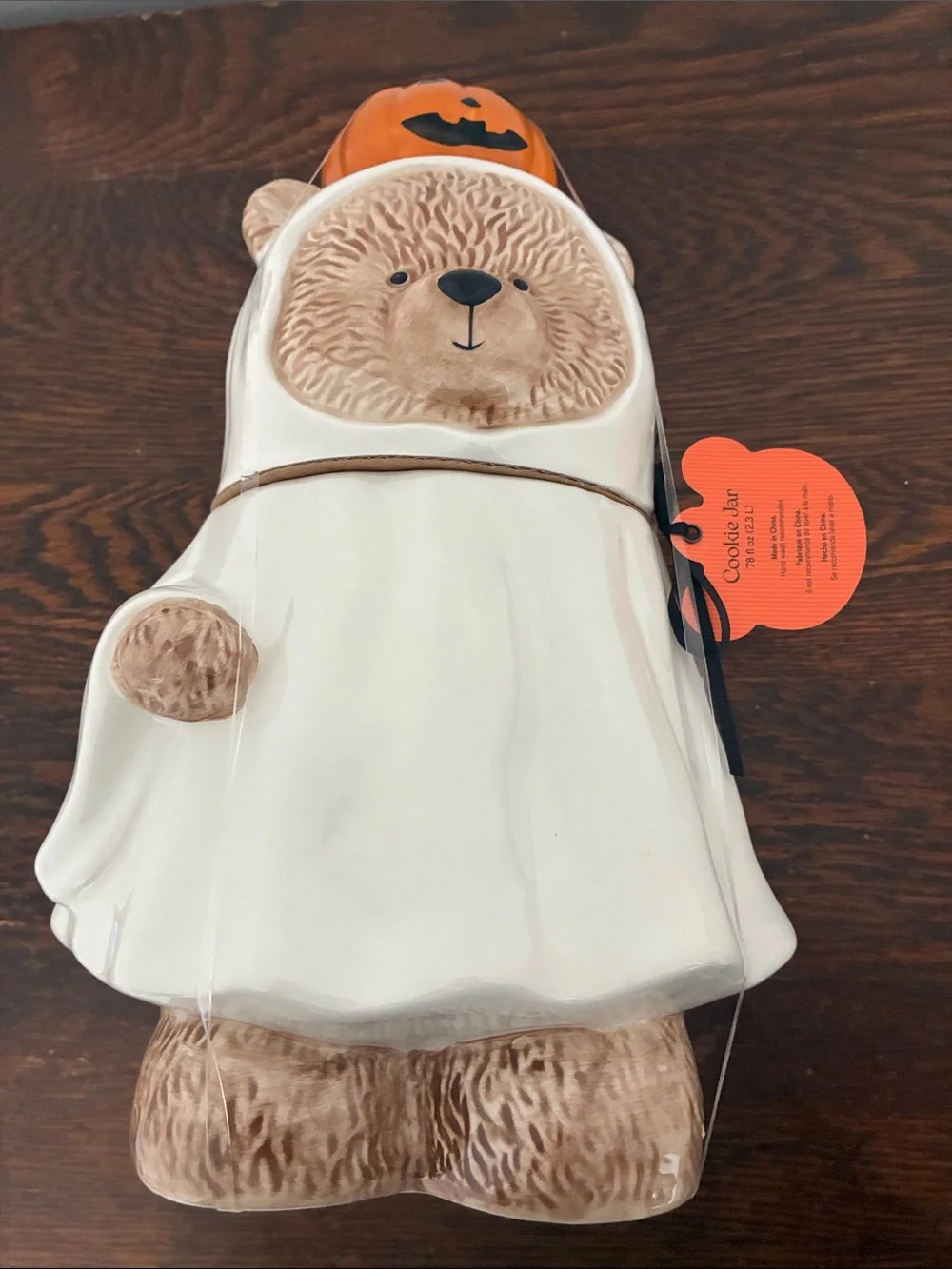 NWT- Halloween Ghost Bear Ceramic Cookie Jar- w/ Jack-o-lantern Pumpkin Handle